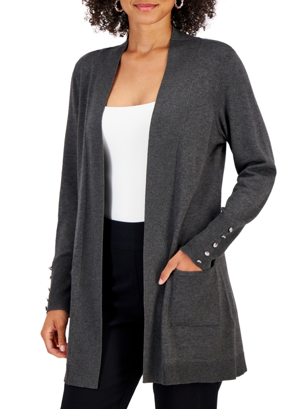 NWT JM Collection Grey Button Sleeve Open Front Pocket Cardigan Size Small